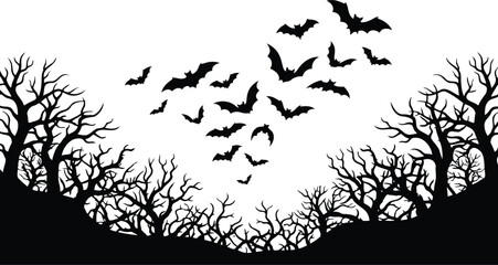 Obraz premium Spooky halloween forest with flying bats isolated on transparent background silhouette