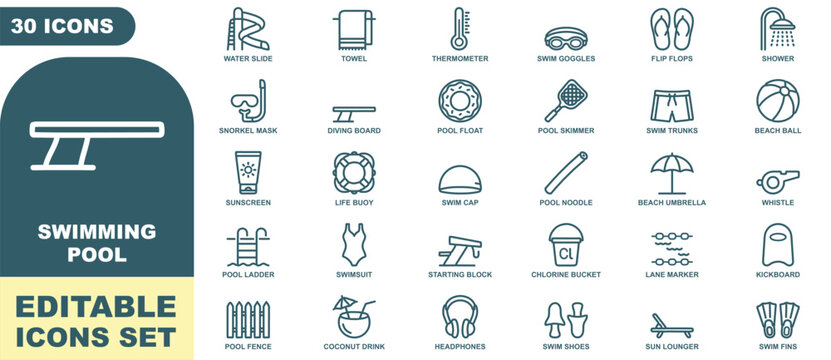 Swimming pool icon set with thirty editable outline symbols including diving board, swim goggles, and pool float