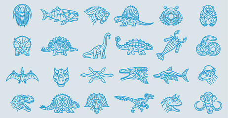 Prehistoric Animals and Dinosaurs Icon Set - Minimalist Blue Line Art Collection of Jurassic and Ice Age Creatures © Rusa