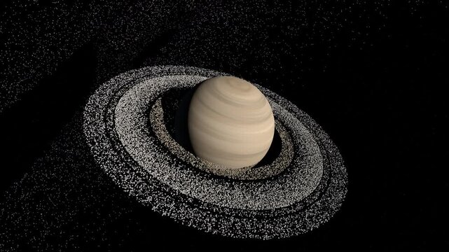 Deterministic procedural 3D rendering of planet Saturn with detailed particle rings, set against a dense, diagonal procedural Milky Way galaxy matching cosmic reference.