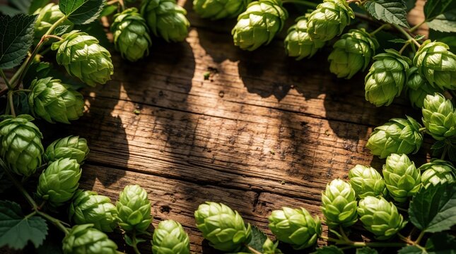 Fresh green hops surround rustic wooden surface. Natural hop cones create organic frame on dark timber background. Vibrant plant foliage for craft beer brewing, agriculture harvest seasonal garden