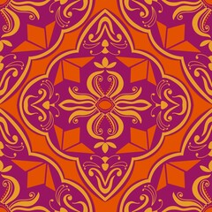 Ornate symmetrical damask pattern featuring a central floral medallion, curved decorative motifs and rich burgundy, orange and gold tones. © Javeria