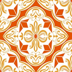 Elegant symmetrical pattern featuring intricate floral ornaments, geometric framing and decorative damask motifs in orange and cream. © Javeria