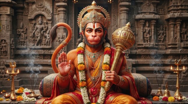 Lord Hanuman holding mace in ancient temple setting