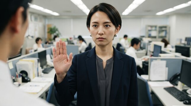 Asian businesswoman holding up hand in office setting
