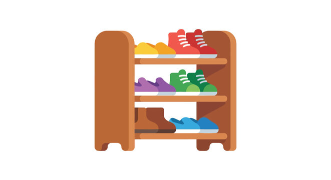 Wooden shoe rack with colorful sneakers and boots flat vector illustration