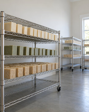 Small batch soap curing on ventilated workshop shelves