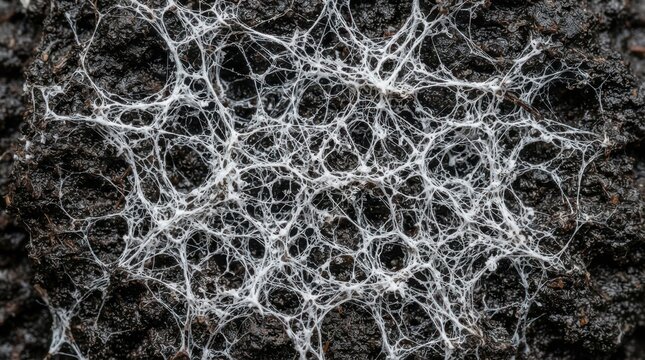 White mycelium network growing over dark soil in close-up view