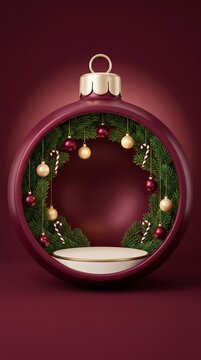 christmas wreath with red and gold baubles and candy canes inside red decorative ornament on burgundy background