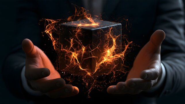Man holding glowing mystical energy cube in dark