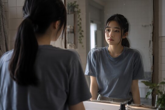 Young woman looking at her reflection in a full-length mirror. Eating disorder, overeating and depression awareness. Body image, self-esteem and mental health concept. Personal wellbeing.