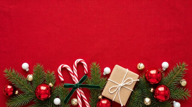 festive christmas arrangement with candy canes, gift box, pine branches, and red ornaments on red background