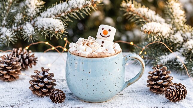 winter hot chocolate with marshmallow snowman and pine cones on snowy wooden table with fir tree background