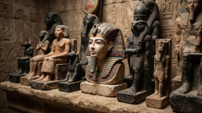 Ancient Egyptian artifacts and statues displayed in a stone room