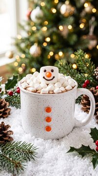 christmas hot chocolate with smiling snowman marshmallow in festive winter setting with pine and holly