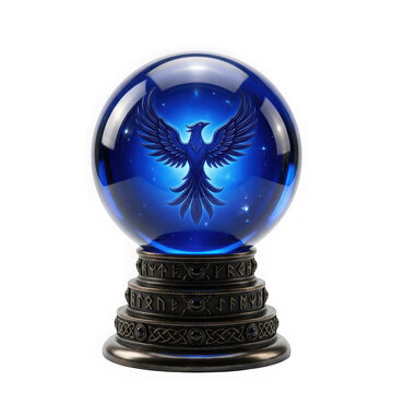 Blue crystal ball with glowing phoenix bird inside on ornate stand, isolated on transparent background