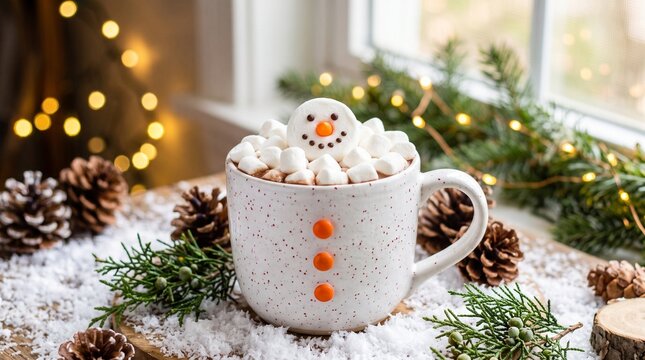 festive mug of hot chocolate topped with marshmallow snowman and surrounded by pine cones and pine branches in winter holiday setting