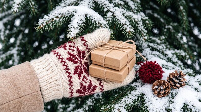 hand in knitted mitten holding small wrapped gifts near snow-covered pine branches with pine cones and red pompom winter holiday scene