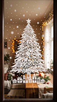 white painted christmas tree with gifts and snowflakes on window glass with cozy living room background and warm light