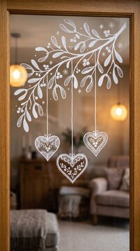 valentine day window decoration with hanging heart ornaments and floral branch in cozy living room