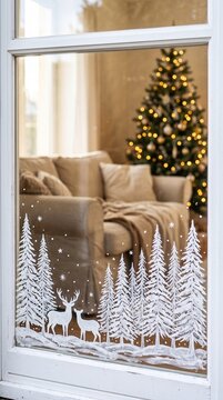 christmas window decoration with white winter forest and deer scene overlooking cozy living room with decorated christmas tree in warm light