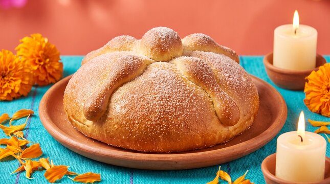 traditional mexican pan de muerto bread on clay plate with marigold flowers and candles for day of the dead celebration