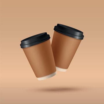 Takeaway Coffee Cups, 3d Vector Illustration. Takeaway Coffee Cups with Black Lids. Disposable Takeaway Coffee Cups Floating on Beige Background. Cafe, Coffee Shop, Restaurant, Food Packaging
