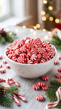 christmas peppermint candies in white bowl with holiday decorations and warm bokeh lights cozy festive scene