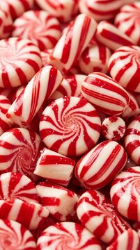 close-up of red and white peppermint candies with swirled and striped patterns, festive holiday sweet treats