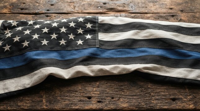 Thin blue line American flag resting on a rustic wooden table