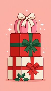stack of three colorful Christmas gift boxes with bows and holly on pink background, festive holiday concept