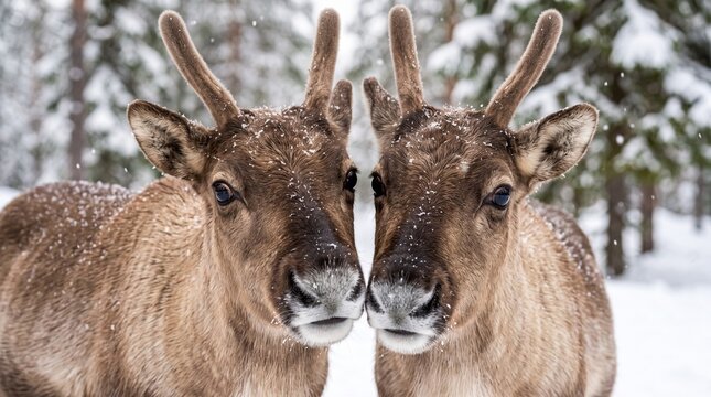 two reindeer standing close together in snowy forest during winter with snowflakes on fur