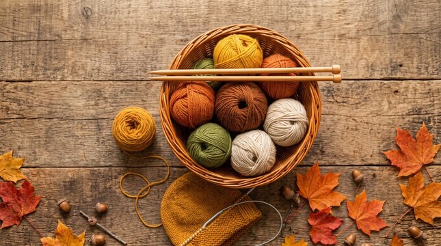 basket of colorful autumn yarn balls with knitting needles and knitted piece on wooden table with fall leaves