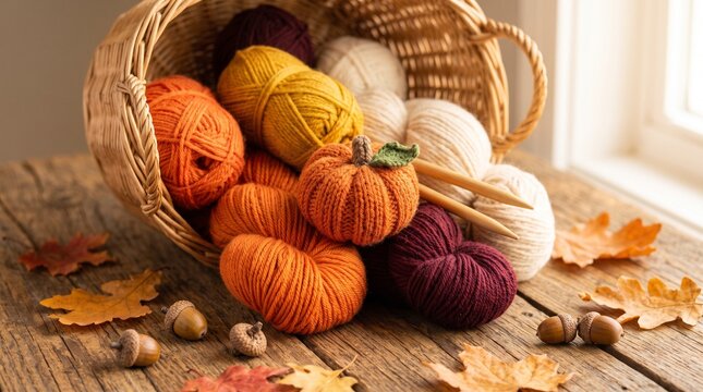 basket of autumn colored yarn balls and knitted pumpkins on wooden table with fallen leaves