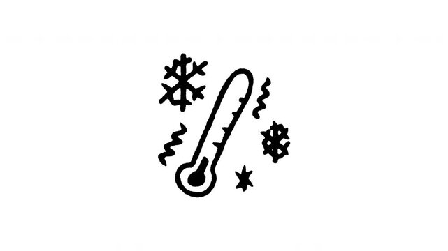 Animated doodle icon of a thermometer showing freezing sub-zero temperature in cold winter.