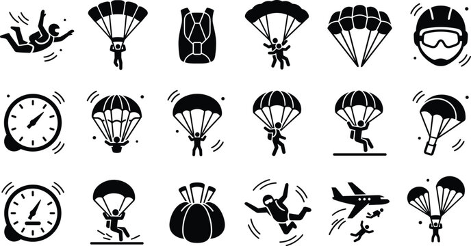 Skydiving Silhouette Vector Icons of Parachutes, Equipment, and Extreme Sport Activities