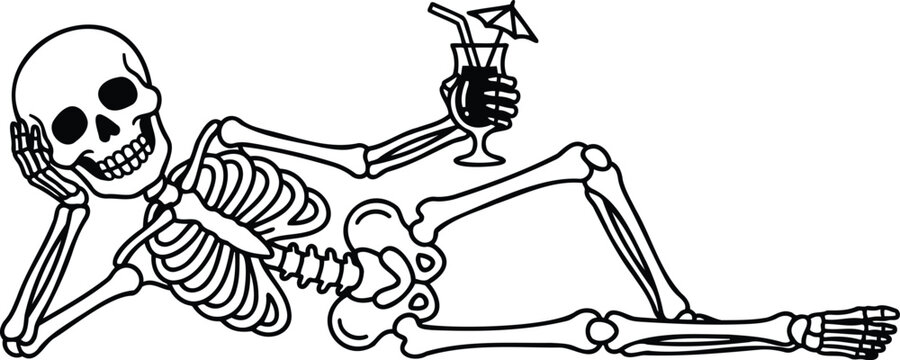 Relaxing skeleton illustration lying down with a drink silhouette isolated on transparent background