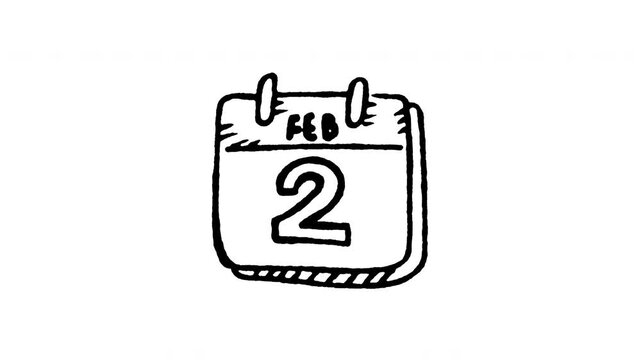 Animated doodle icon of a calendar page showing February 2nd date for Groundhog Day.
