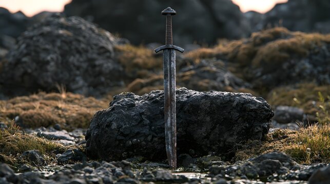 Medieval viking sword stuck in a rock
