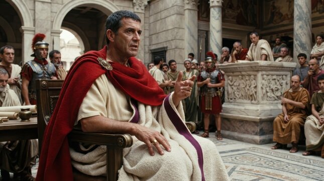 Roman senator speaking to a crowd in an ancient hall