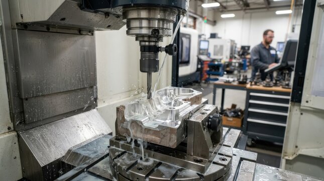 CNC milling machine cutting metal part in industrial workshop