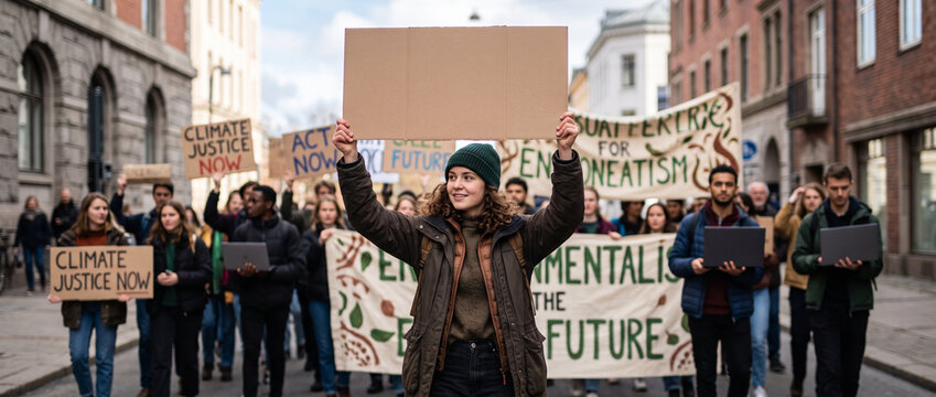 Protester with Save the Planet Go Vegan sign at environmental demonstration, climate action, plant based lifestyle, animal rights, sustainable future