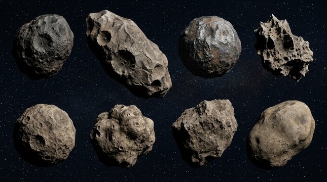 Set of different asteroids and meteorites in outer space