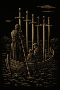 Six of Swords tarot card: golden line art of a ferryman poling a boat with passengers past six upright swords across calm water, black background, mystical illustration.