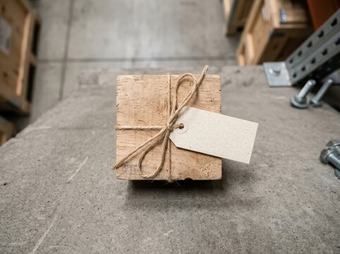 Small wooden gift box tied with twine and blank tag