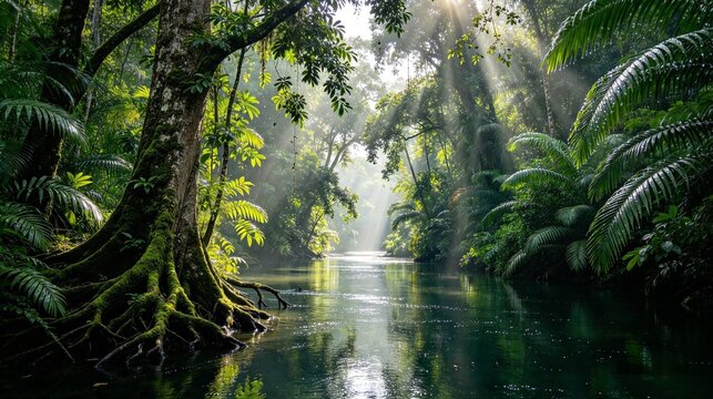 Floresta amaz&ocirc;nica com rio de &aacute;gua escura e luz do dossel
