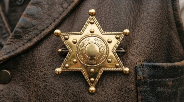 Vintage golden sheriff star badge pinned to a brown leather jacket
