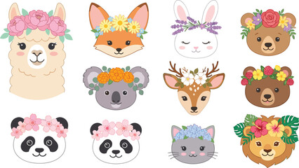 Obraz premium Cute Cartoon Animal Faces with Colorful Floral Crowns Vector Collection