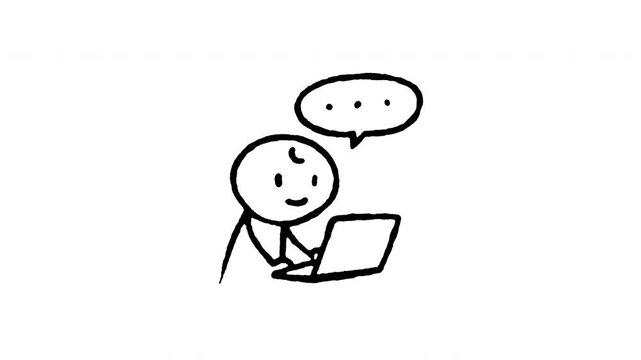 Animated doodle icon of a person sitting and working on a laptop computer with speech bubbles in an office.