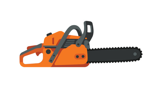Chainsaw with orange casing and metallic chain flat vector illustration